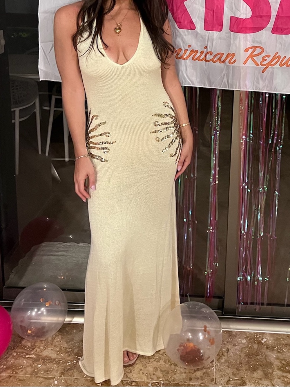 Meshki Cream V-Neck Maxi Dress with Side Embellishments